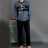 Pyjama long Athena sport col V bleu-noir