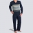 Pyjama long col V marine en coton mercerisé