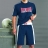 Pyjashort sport bleu marine en coton :T-shirt et bermuda avec ceinture